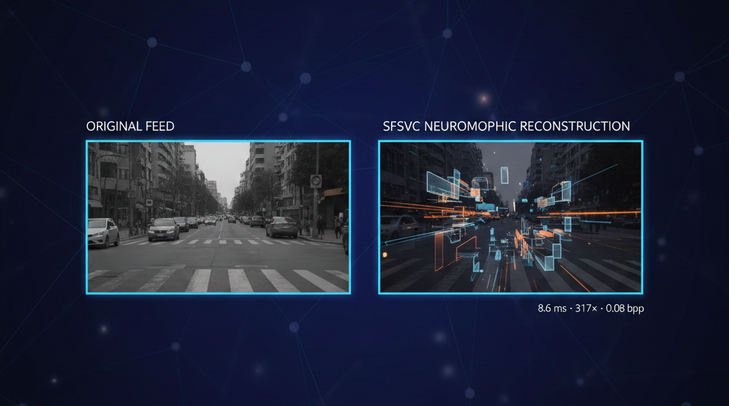 Left: original drone frame with visible crack. Right: neuromorphic spike-frequency reconstruction showing preserved crack topology.
